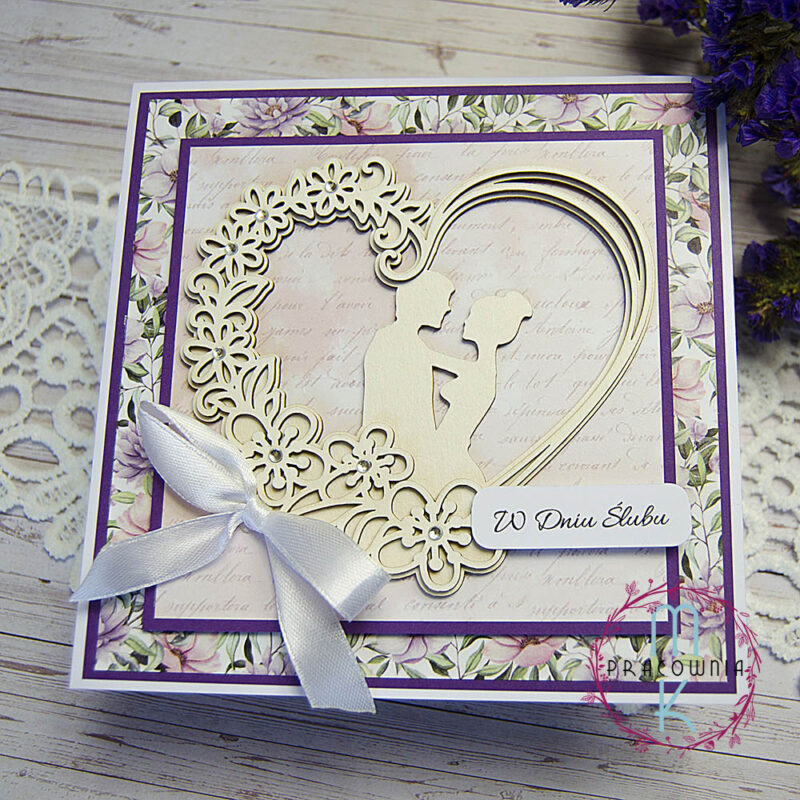 kartka ślubna w fioletach