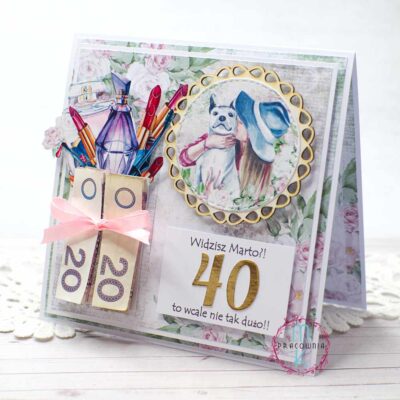 kartka urodzinowa z miejscem na wsunięcie banknotów. Kartka kobieca z grafikami kosmetyków i kobiety z psem. Kartka typu Widzisz? 40 to wcale nie tak dużo i do tego wkłada się 40 złotych