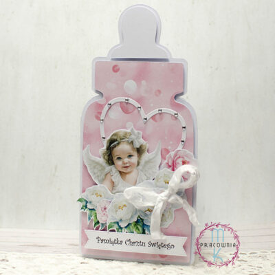 karta w kształcie butelki na chrzest święty