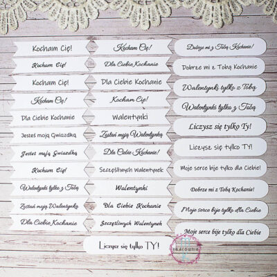 przykładowe napisy znajdujące się w zestawie: Kocham Cię, Jesteś moją gwiazdką, Walentynki, Zostań moją walentynką, Liczysz się tylko Ty,