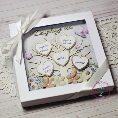 kartka w pudełku z okienkiem, przewiązana wstążką a w środku kartka z drzewkiem na którym wiszą podziękowania dla babci czy dziadka np. dziękuję za pomoc, dobre słowo, pyszne obiadki