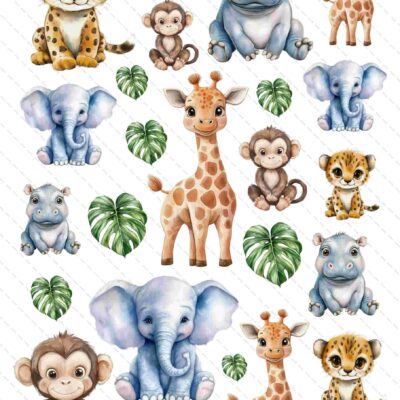 Na arkuszu papieru znajdują się: hipopotam, małpka, mały tygrysek, słoń, żyrafa. Każdy ze zwierzątek występuje 3 razy w różnych wielkościach