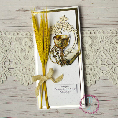 pamiątka komunijna wielowarstwowa złoto biała z kłosami, winogronem, książeczką, kielichem
