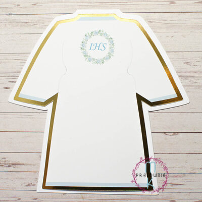 baza kartki w kształcie alby na komunie świętą z niebieskimi elemetami