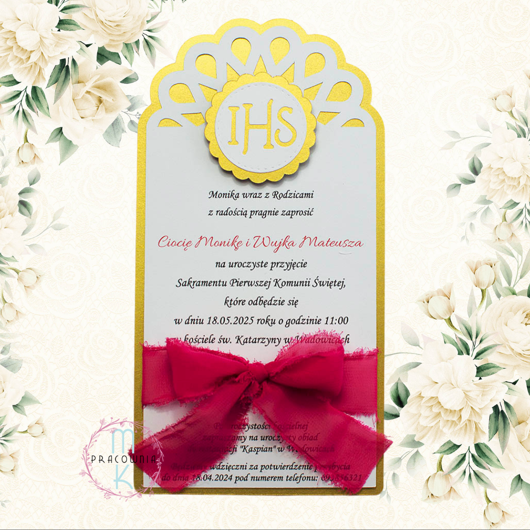 3 zaproszenie jednokartkowe z szyfonową wstążką w kolorze fuksji na komunie