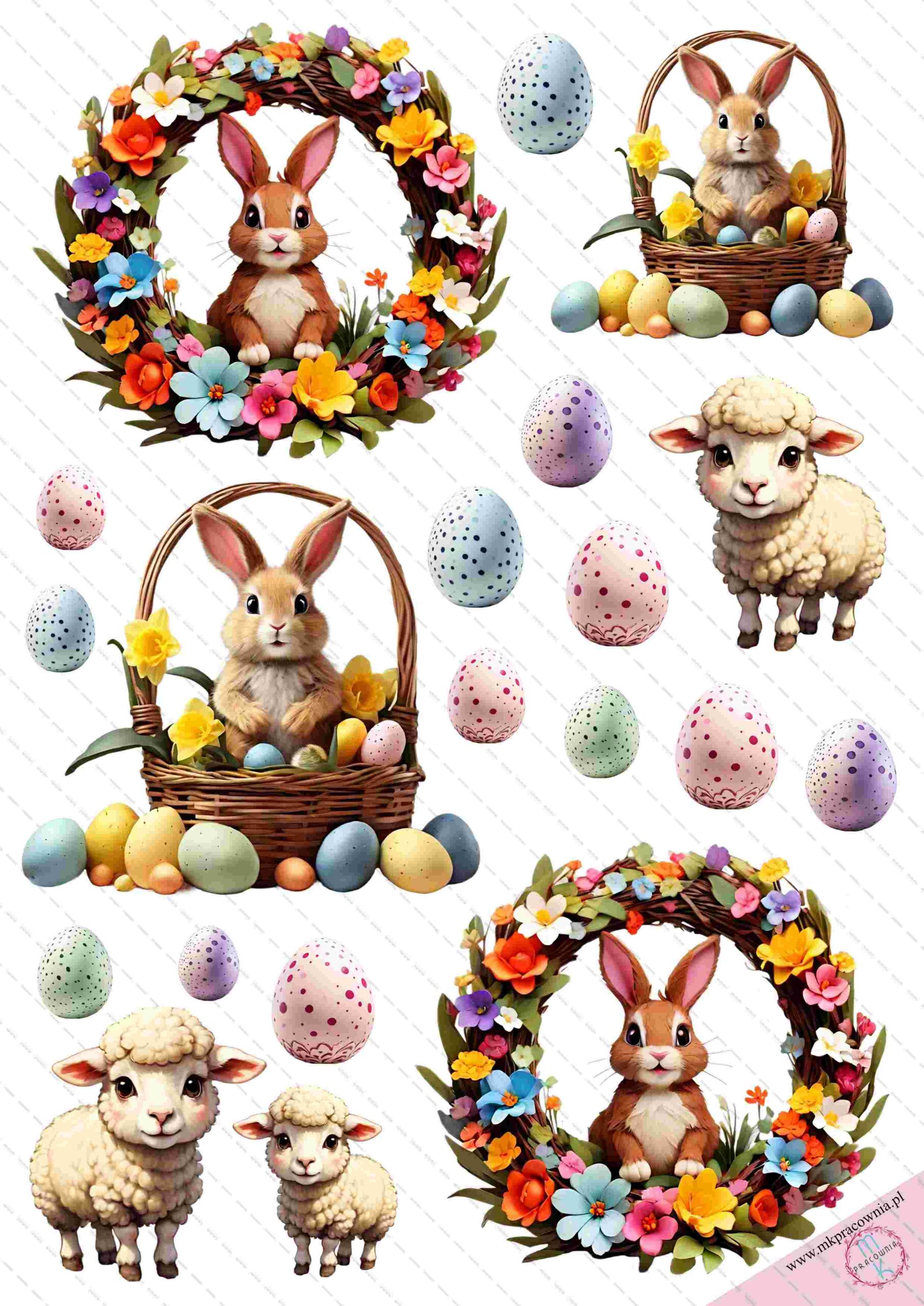 wielkanoc grafiki do wycinania wielkanoc, wianek kwiatów z zajączkiem brązowym, owieczki i jajeczka