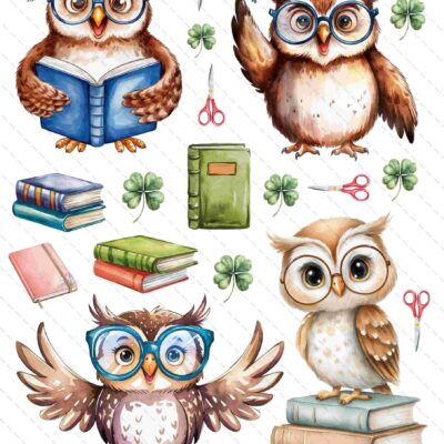 arkusz grafik do wycinania, 4 sowy w tym dwie stojące na książce i 2 z czapeczką ucznia. Wokół sów jako dodatkowe osobne elementy: książki, nożyczki i koniczynki na szczęście