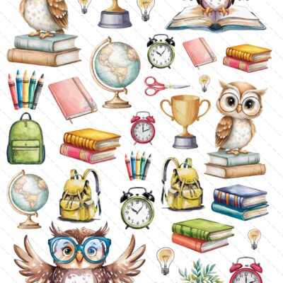 Arkusz grafik nawiązujących do szkoły i przedszkola: 4 sowy stojące na ksiąkach, puchar, książki, budziki, globus, zeszyty, nożyczki, medal