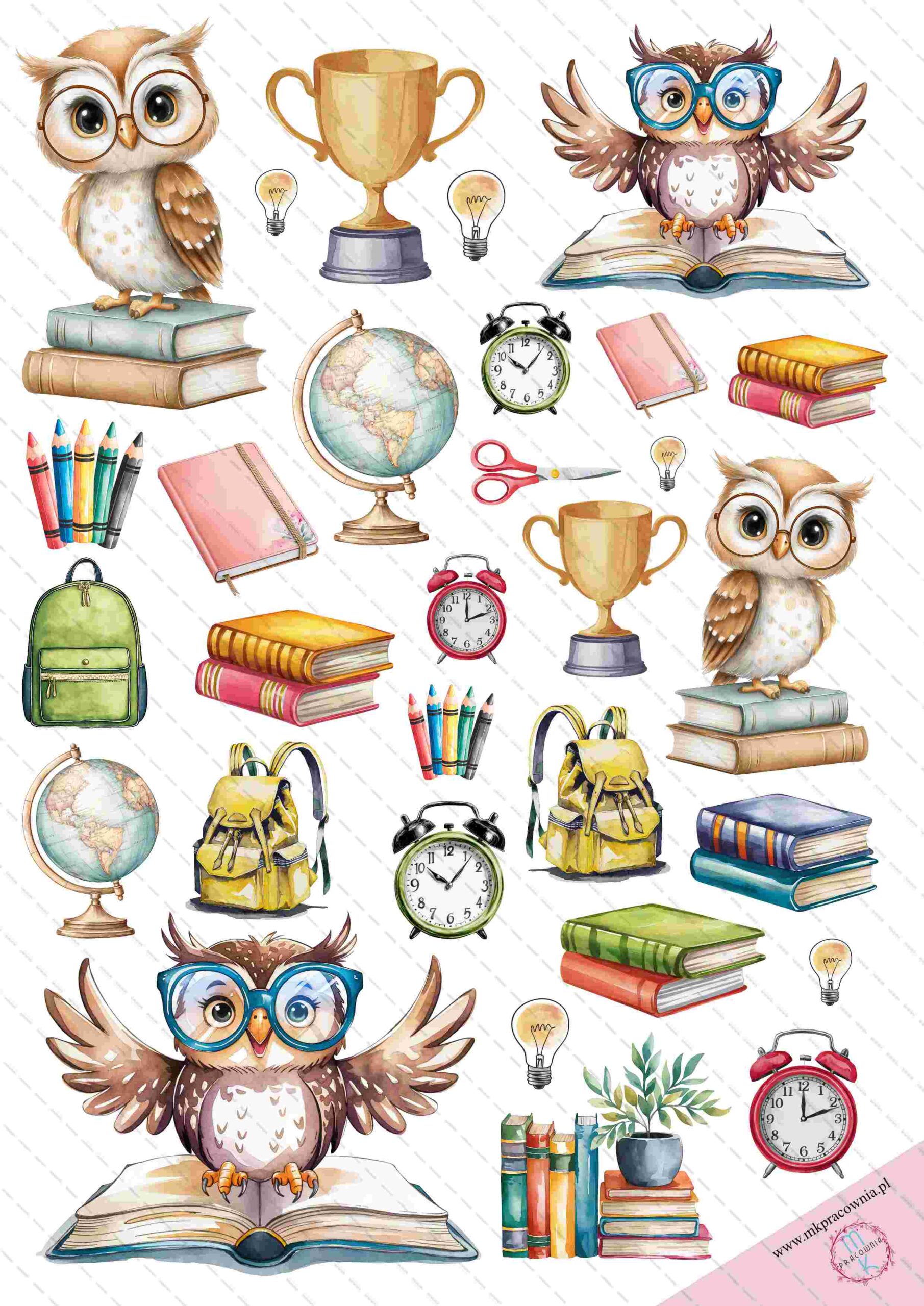 szkoła02 Arkusz grafik nawiązujących do szkoły i przedszkola: 4 sowy stojące na ksiąkach, puchar, książki, budziki, globus, zeszyty, nożyczki, medal