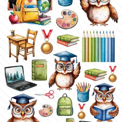 Grafiki związane ze szkołą i przedszkolem: 4 sowy, kredki, farby, nożyczki, książki, placak, biurko z krzesłem, tablica z plecakiem i kredkami, laptop
