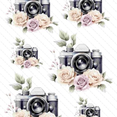 6 szt grafik aparat fotograficzny. Każdy aparat przystrojony jest kwiatami z liśćmi. Rózne wielkości aparatów