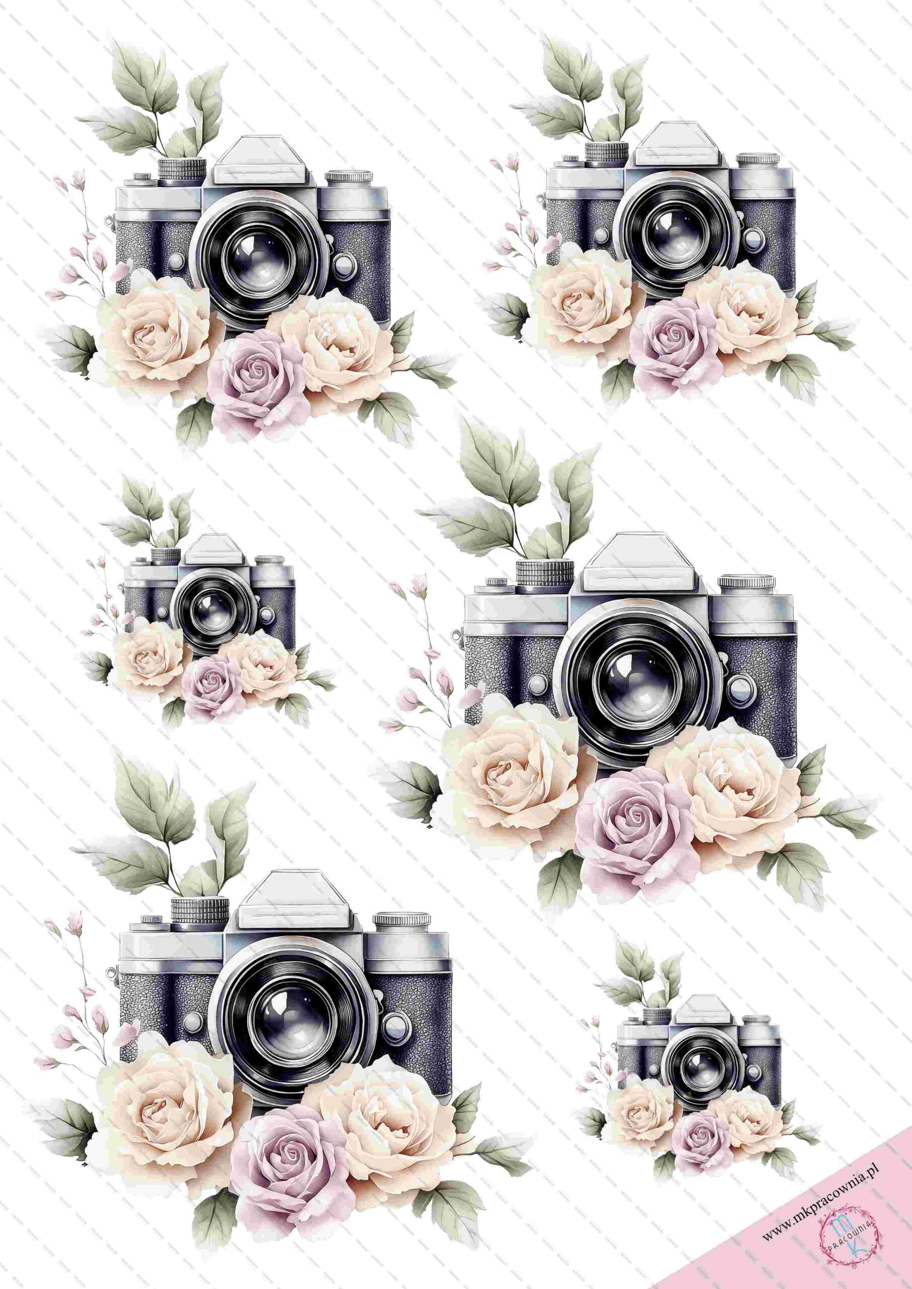 moje_komunia_kielich 6 szt grafik aparat fotograficzny. Każdy aparat przystrojony jest kwiatami z liśćmi. Rózne wielkości aparatów