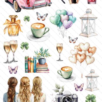 grafiki kobiece: różowy samochód, kosmetyki, filiżanka kawy, książki, kieliszki, aparat, balony