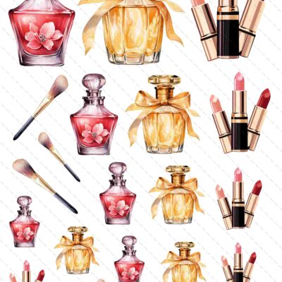 kosmetyki w różnych rozmarach: pomadki, pędzel, perfumy w kolorze różowym i żółtym