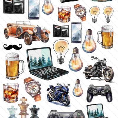 grafiki męskie a w nich między innymi szachy, konsola, samochody, kufel piwa, komputer, motor, żarówki