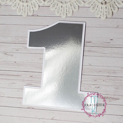 baza kartki w kształcie cyfry 1 z białego papieru, warstwa dodatkowa z papieru lustrzane srebro