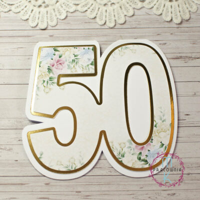 baza kartki biała otwierana w kształcie cyfry 50 a do tego warstwa z lustrzanego złota w kształcie cyfry 50 i dodatkowa warstwa z kwiatami