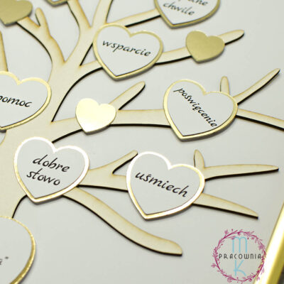 drzewko z serduszkami dziękujemy za, w każdym serduszku napis np. dobre słowo, rady
