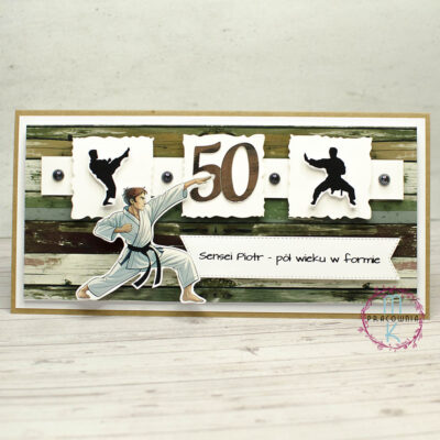 Kartka dla miłośników karate, Grafiki związane z karate i liczba wieku solenizanta albo jubileuszu