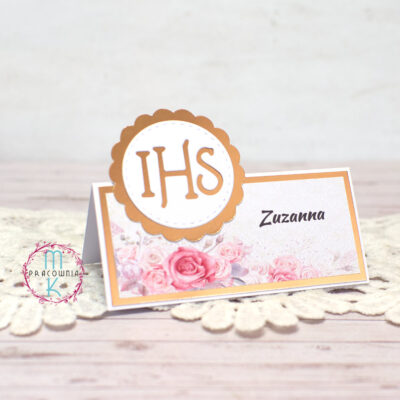 winietka z lustrzanym złotem IHS na komunię