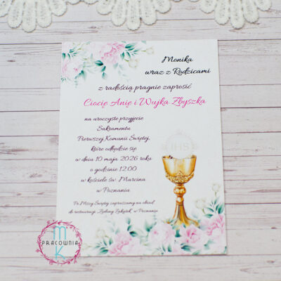 jednokartkowe zaproszenia z motywem kielicha i hostii