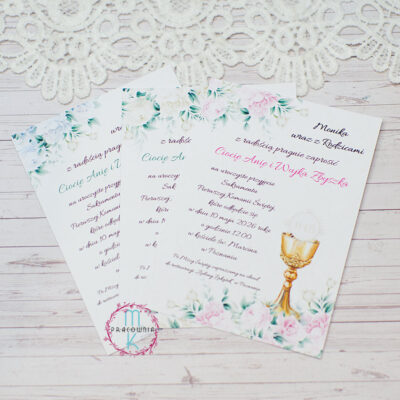 jednokartkowe zaproszenia z motywem kielicha i hostii