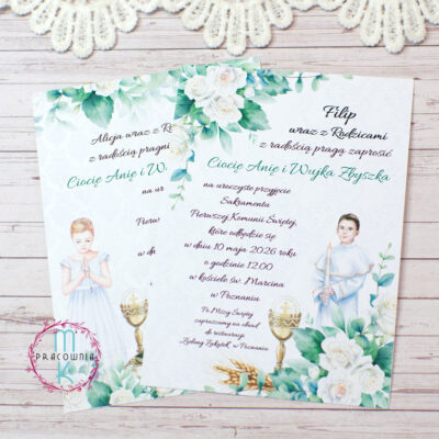 jednokartkowe zaproszenia z postacią komunijną do wyboru dla dziewczynki i dla chłopca