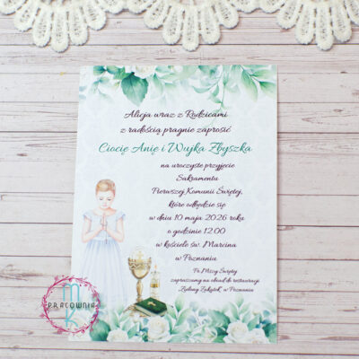 zaproszenie jednokartkowe z postacią dziewczynki komunijnej