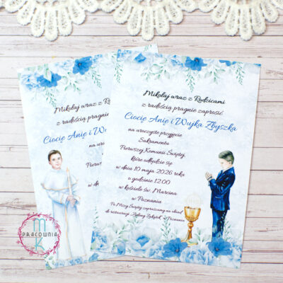 jednokartkowe zaproszenia z postacią komunijną do wyboru dla dziewczynki i dla chłopca