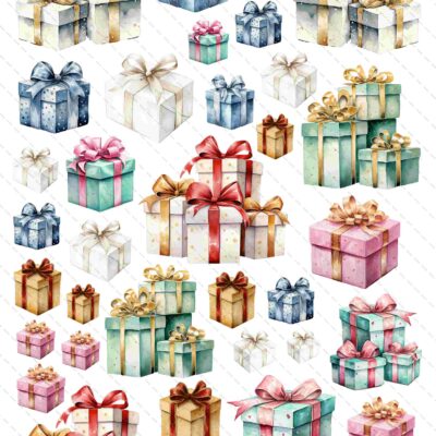 Na całym arkuszu A4 znajdują się różne pudełka prezentowe, w różnych kolorach i wielkościach