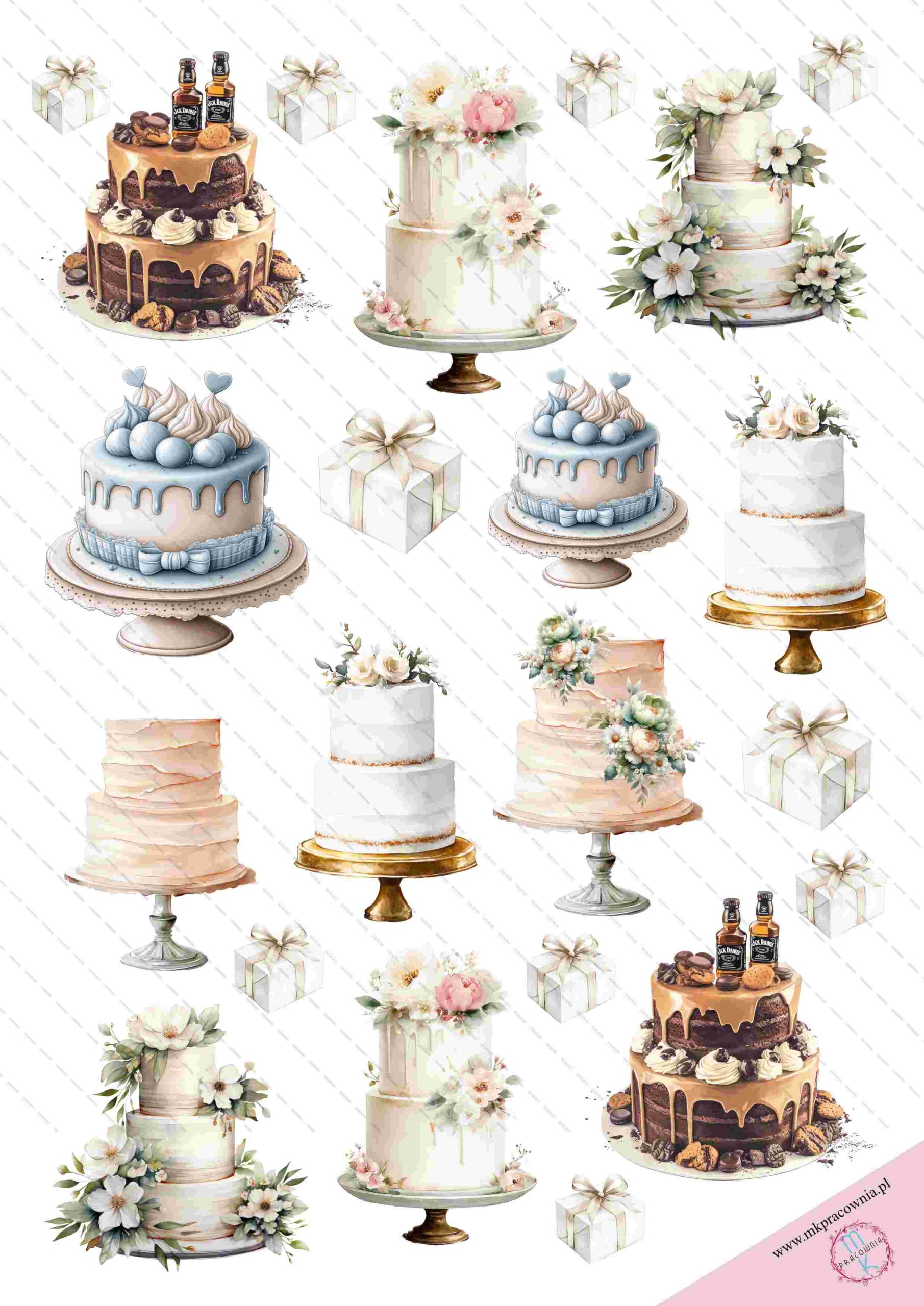 torty Arkusz A4 z 12 tortami w różnym kolorze i na różne okazję do samodzielnego wycinania